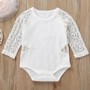 Baby Girl Lace Long Sleeve Onesie White Cotton Bodysuit Photo Prop Onepiece 0-3M